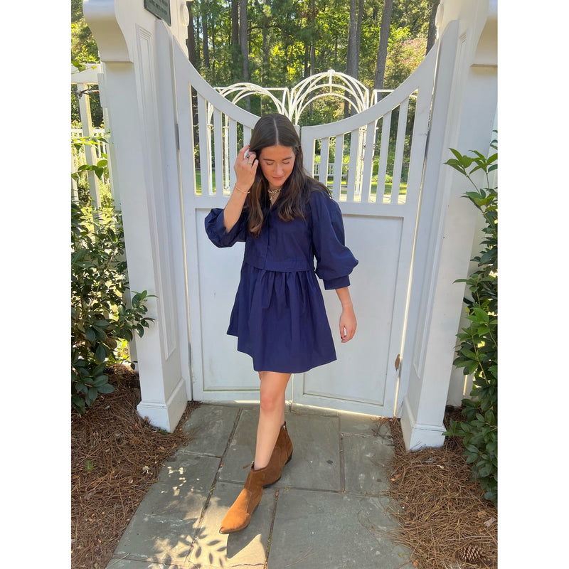 Navy Puff Sleeve Shirt Dress