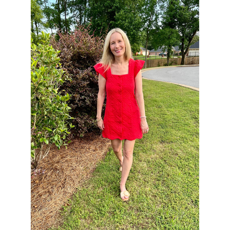 Square neck red dress