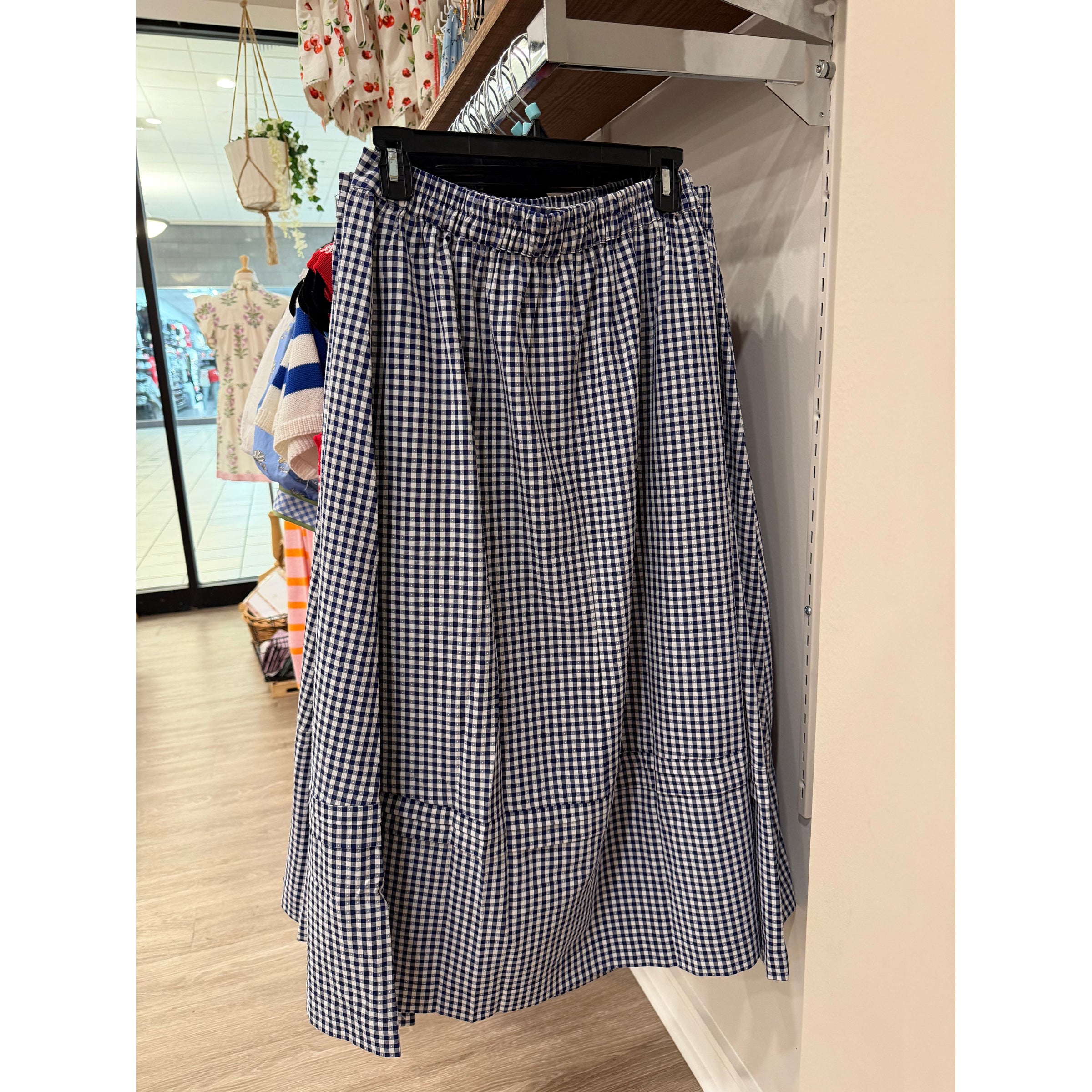 Navy Gingham Midi Skirt
