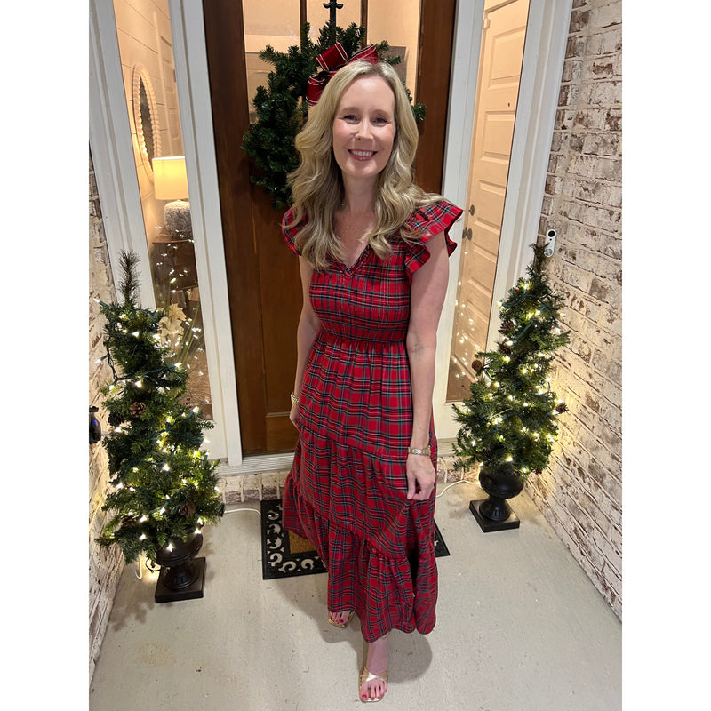 Red Plaid Smocked Midi