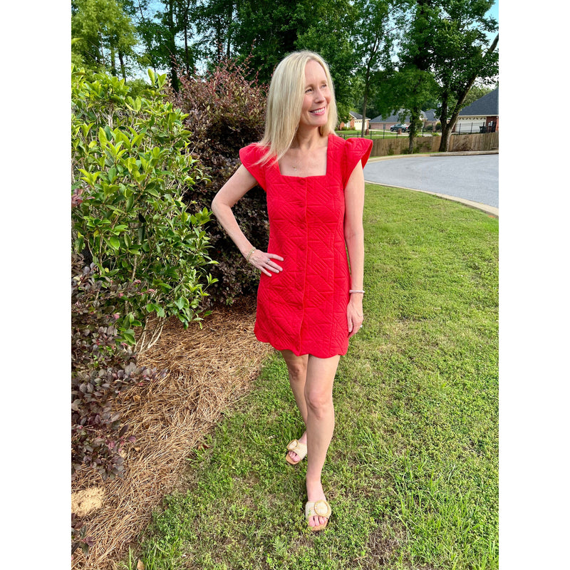 Square neck red dress