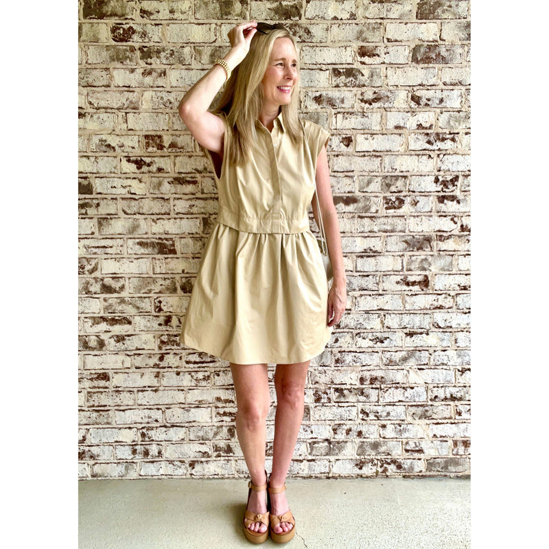 Tan Pleated Shoulder Shirt Dress