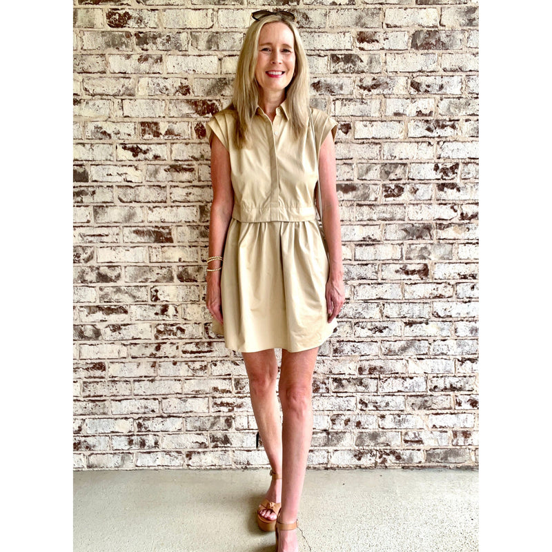 Tan Pleated Shoulder Shirt Dress