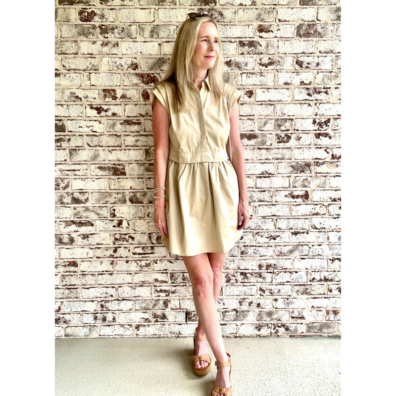 Tan Pleated Shoulder Shirt Dress